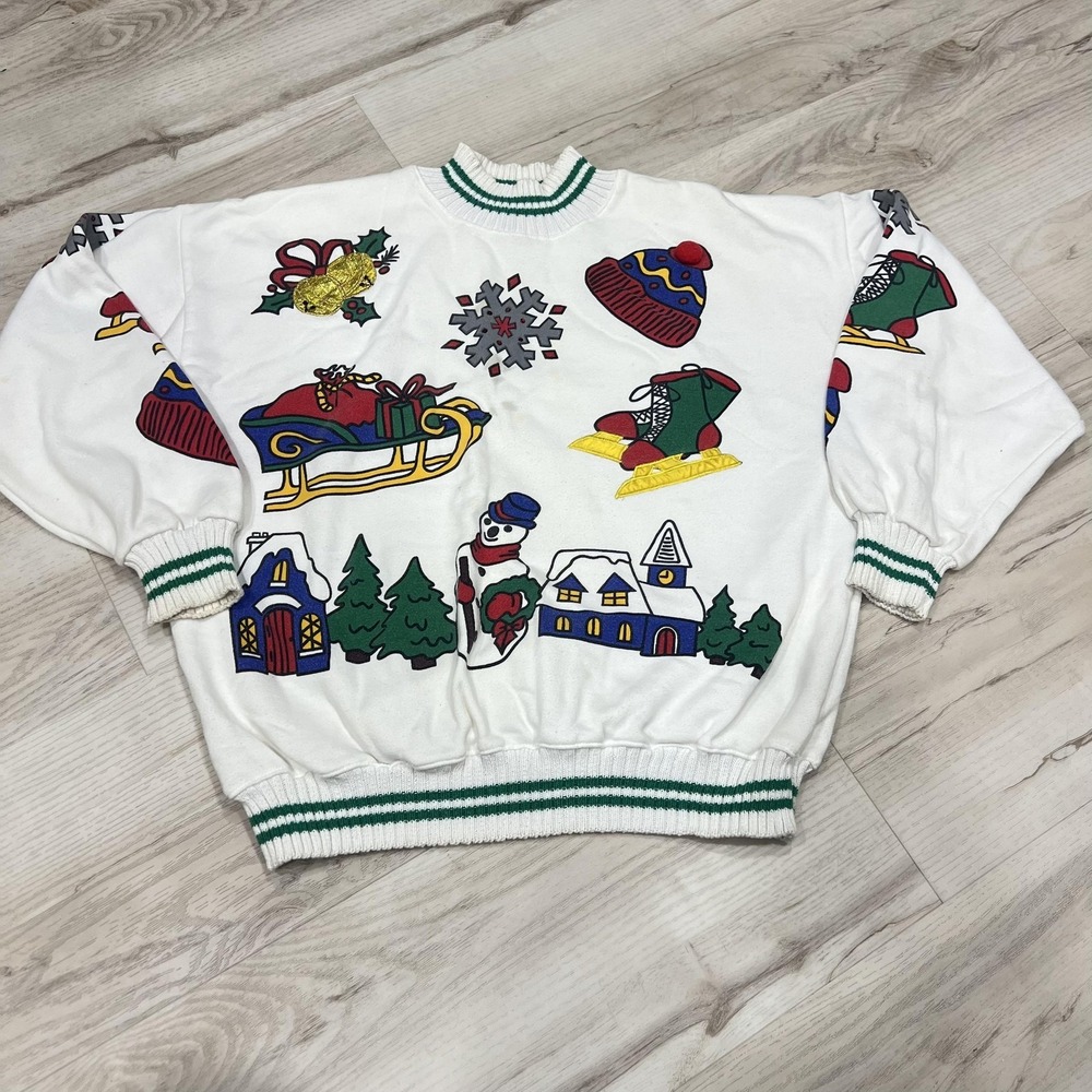 Vintage Lord & Taylor Sweatshirt Womens Medium White Christmas Graphic 80s